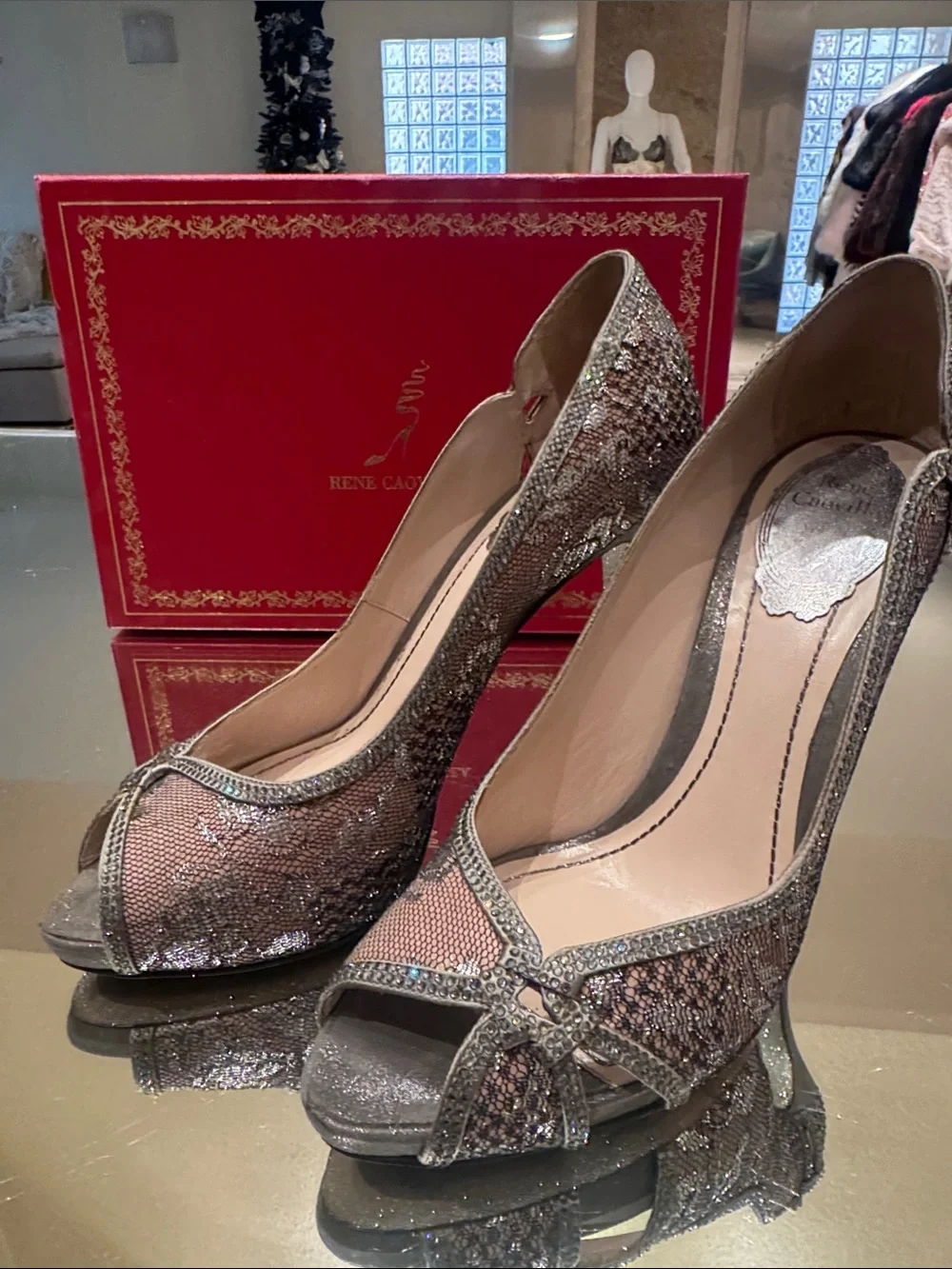 Rene Caovilla Silver Lace Crystal Peep Toe Pump